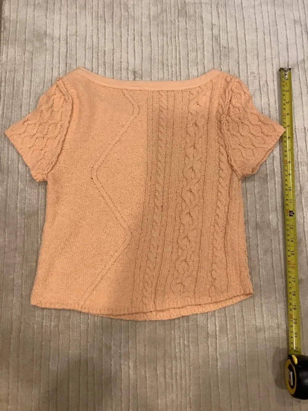 Free People Womens L Peach Solid Cable Knit Scoop Neck Short Sleeve Pullover